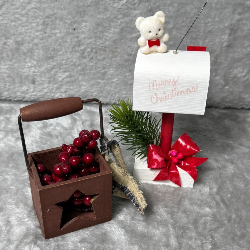 Mini Primitive Wood Star Basket Décor Faux Cranberries Country Farmhouse‎ Rustic